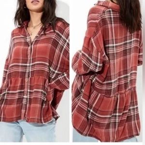 American Eagle women medium flannel button top peplum ruffle plaid
